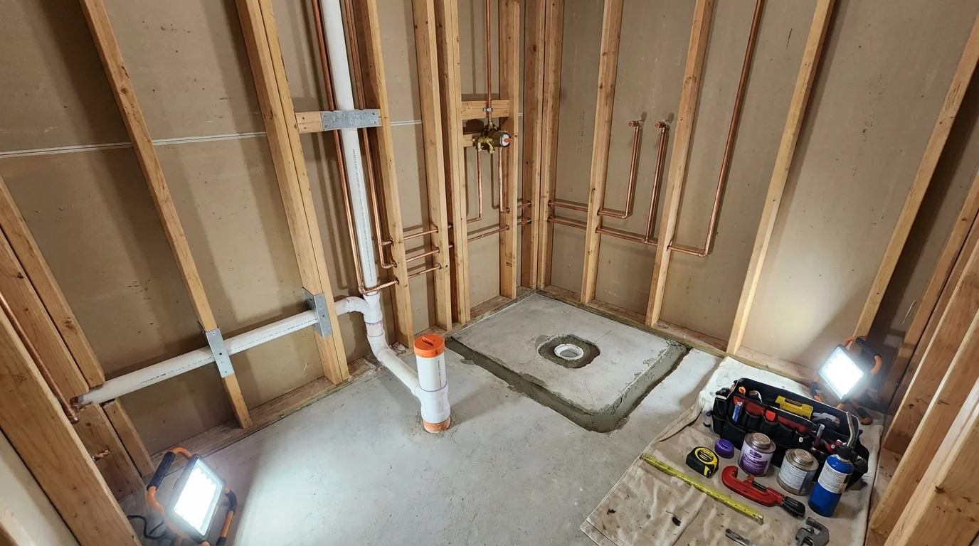 Bathroom rough-in plumbing during remodel by Johns Plumbing LLC in Ola