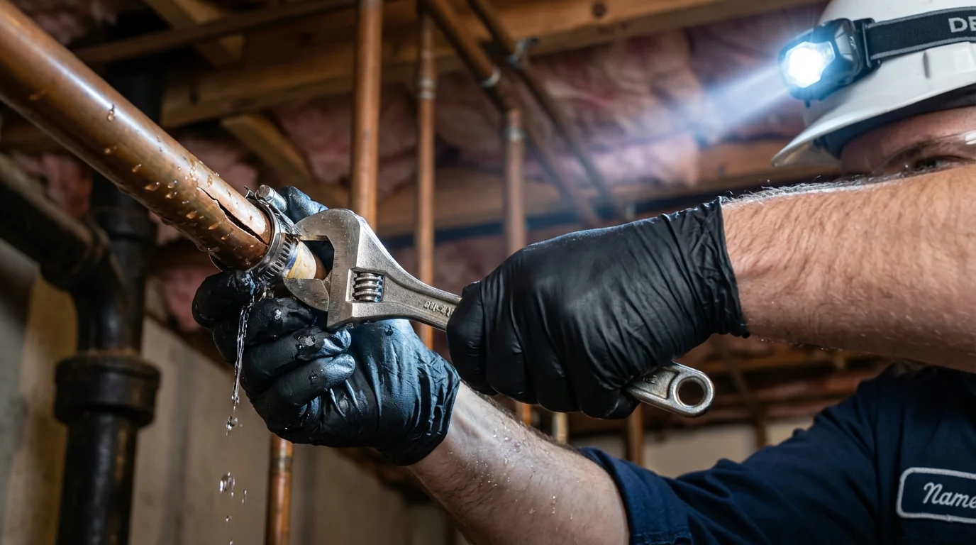 Emergency pipe clamp repair being performed by a Johns Plumbing LLC plumber in Ola