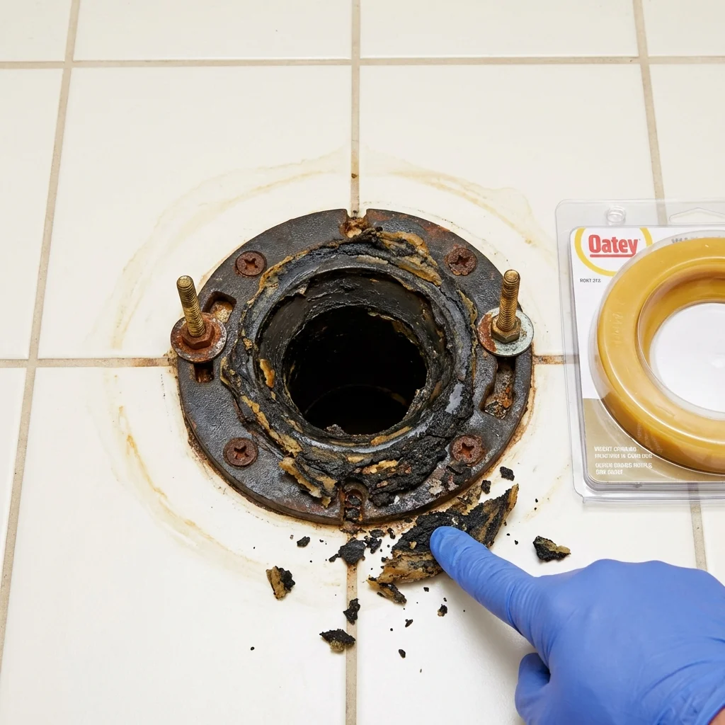 Failed wax ring showing water seepage at the base of a toilet in a Ola, AR home