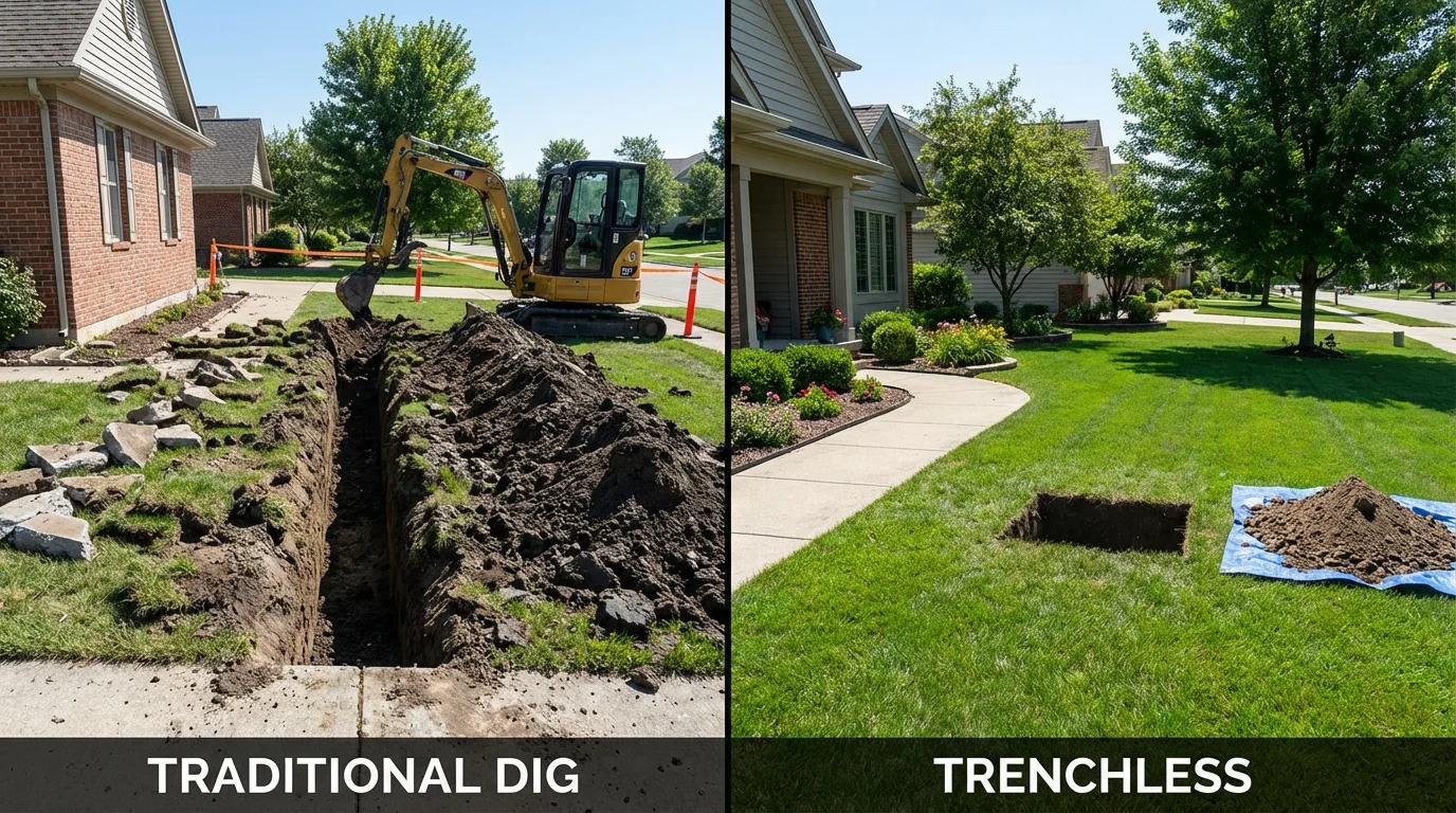 Trenchless sewer repair with minimal yard damage versus traditional excavation in Ola, AR