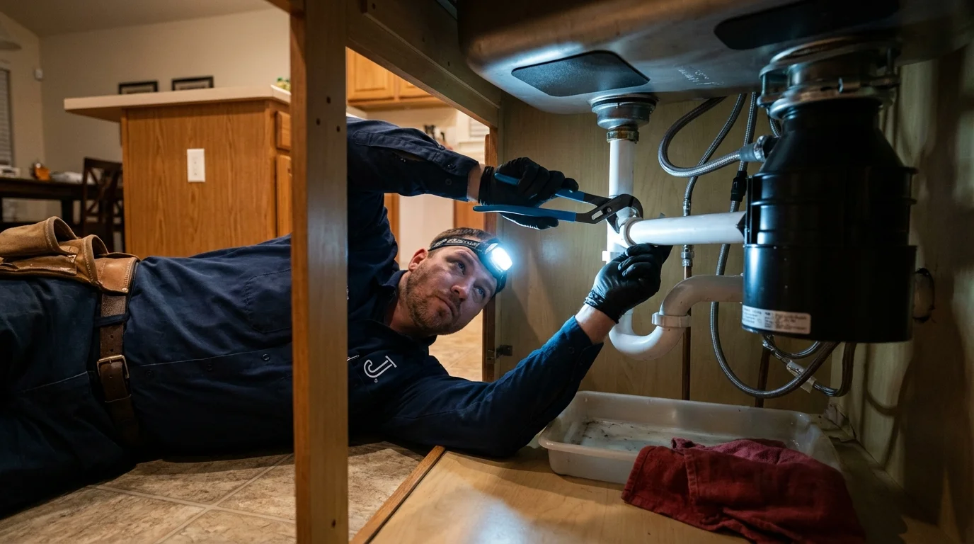 P-trap and supply line connections under a kitchen sink showing a common leak point in Ola, AR